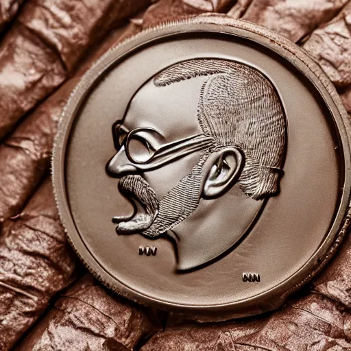 Image similar to A photograph of an unwrapped chocolate coin that is engraved with a young bearded leon redbone smoking a cigar and wearing a greek fisherman's cap, highly detailed, close-up product photo, depth of field, sharp focus, soft lighting