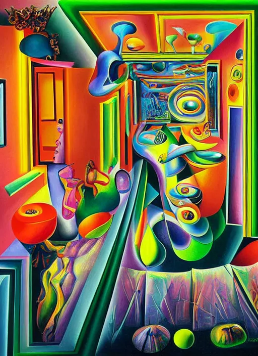 Prompt: an extremely high quality hd surrealism painting of a 3d slow-shutter galactic neon complimentary colored cartoon surrealism melting optical illusion 4d perspective picasso hallway by kandsky and salviadoor dali the seventh, salvador dali's much much much much more talented painter cousin, 4k, ultra realistic, super realistic, surreautistic