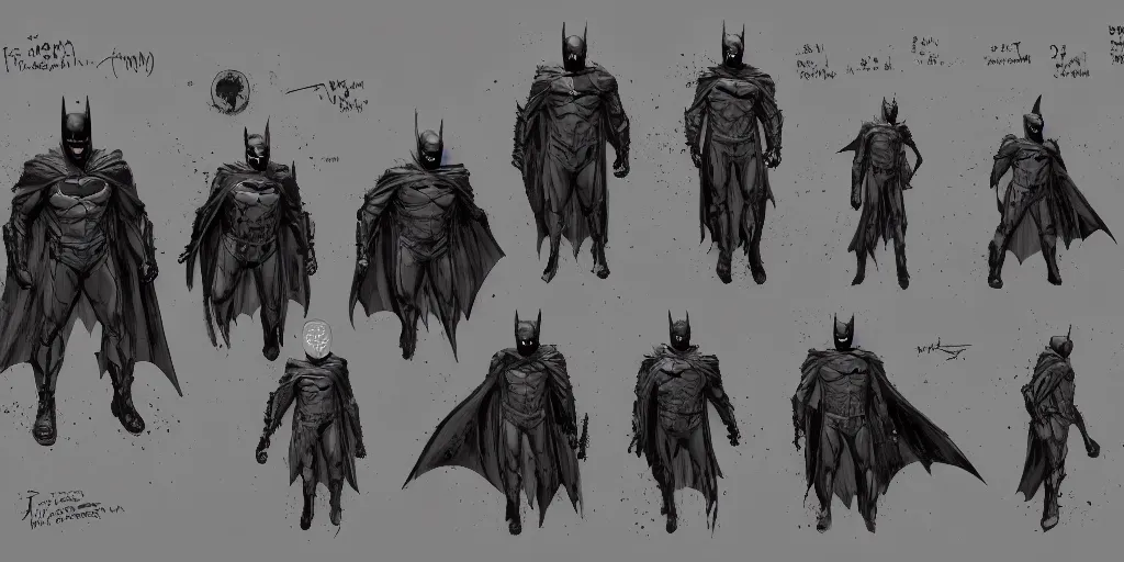 Image similar to batman bruce wayne, character sheet, concept design, contrast, kim jung gi, greg rutkowski, zabrocki, karlkka, jayison devadas, trending on artstation, 8 k, ultra wide angle, pincushion lens effect