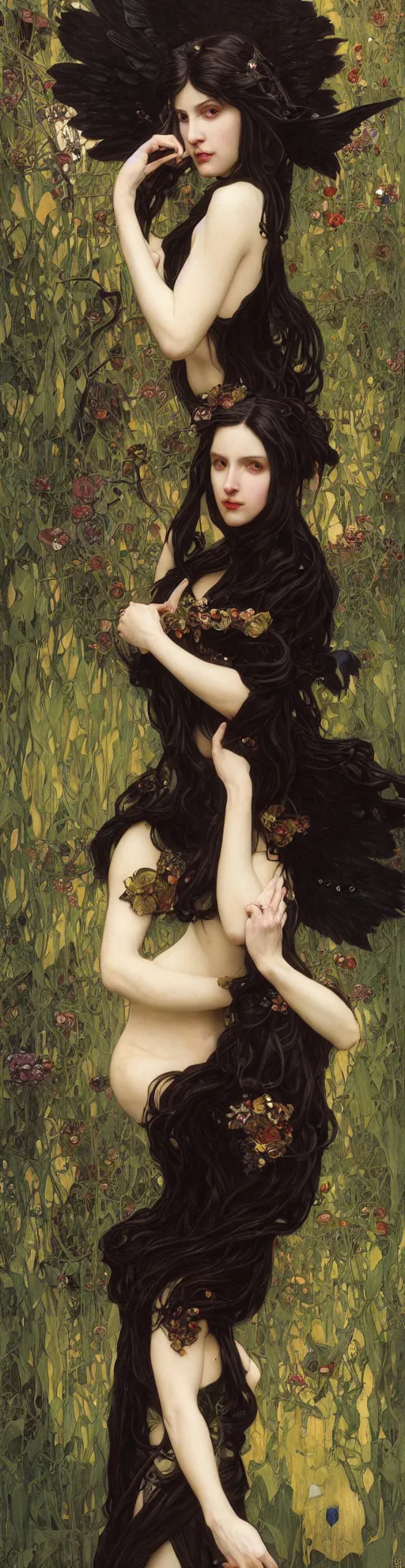 Image similar to masterpiece painting of ephemeral vampire raven haired girl by donato giancola, darius zawadzki and tom bagshaw, face by artgerm and edmund leighton, alphonse mucha, background by james jean and gustav klimt, 8 k, horror, dark color palette, volumetric lighting, porcelain skin, french nouveau, trending on pixiv