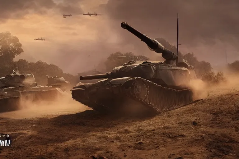 Prompt: a tank fights a monster twice its size, Highly detailed, Cinematic. Balanced. 4k, Realistic, detailed.