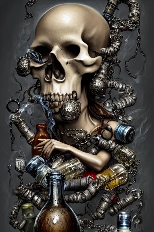 Image similar to beutifull and very tired womanlooking pile off empty bottles, skull made out of smoke coming out of bottles,, fantasy, intricate, elegant, highly detailed, digital painting, artstation, concept art, addiction, chains, smooth, sharp focus, illustration, art by Ilja Repin