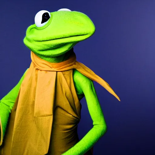 Image similar to portrait of kermit the frog, high fashion photography, looking strong, artistic, studio, coloured background, hippie, looking into the camera, cool, commercial, high quality, epic lighting, amazing, iconic