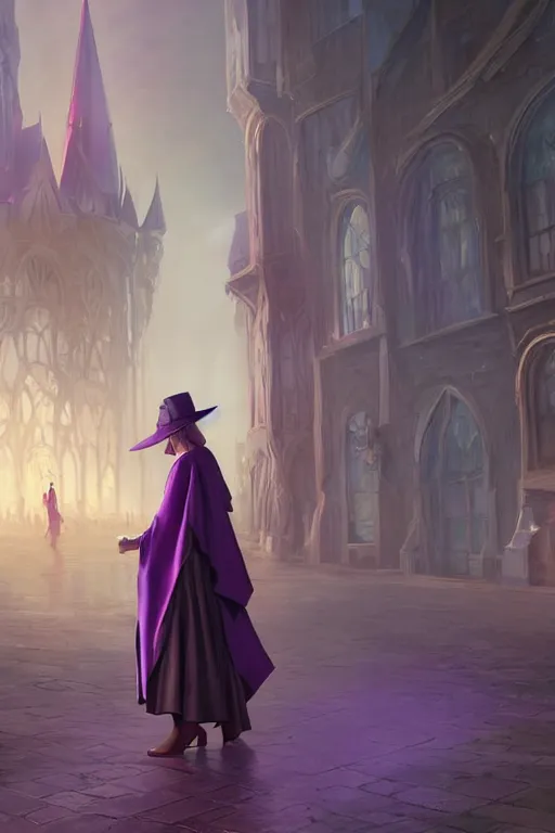 Prompt: Young beautiful short woman in form fitting slim purple witch robes and pointy hat at a crowded magical university, full body shot unreal engine hyperreallistic render 8k character concept art masterpiece digital art by Greg Rutkowski, Simon Stalenhag, trending on Artstation, CGSociety