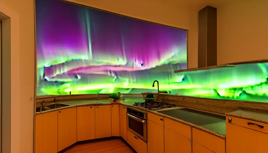 Prompt: a photo of aurora borealis! localized entirely within a kitchen!!!, color photography, high quality, volumetric light, beautiful, 4 k