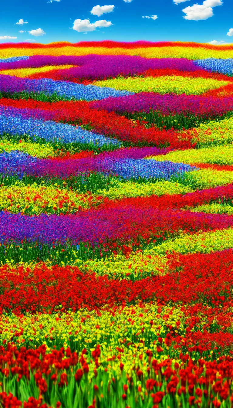 Prompt: highly detailed photo of colorful flower field on sunny day, hyper realistic, concept art, 8 k detail post - processing