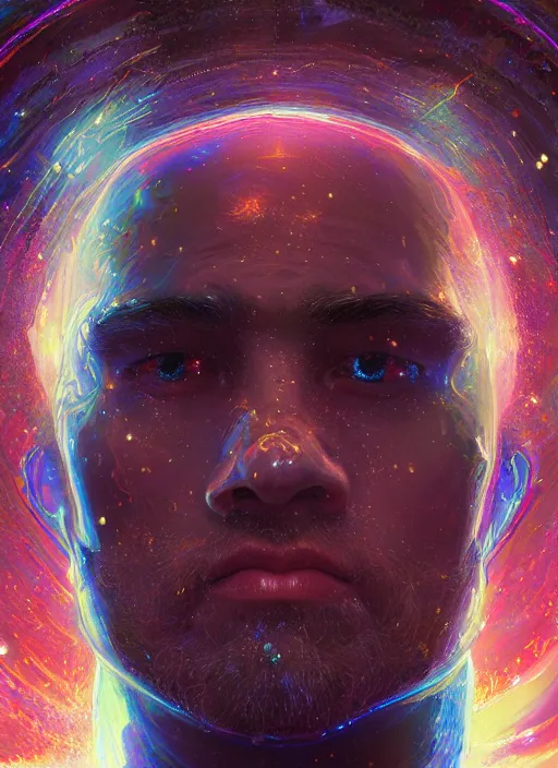 Image similar to masterpiece portrait of a cosmic man wearin glowwave armor, au naturel, hyper detailed, digital art, trending in artstation, cinematic lighting, studio quality, smooth render, unreal engine 5 rendered, octane rendered, art style by klimt and nixeu and ian sprigger and wlop and krenz cushart