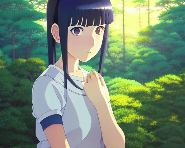 Image similar to hinata hyuga, park in background, bokeh. anime masterpiece by Studio Ghibli. illustration, sharp high-quality anime illustration in style of Ghibli, Ilya Kuvshinov, Artgerm