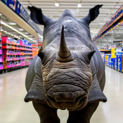 Prompt: a rhino in a walmart, photography, high resolution 8 k,