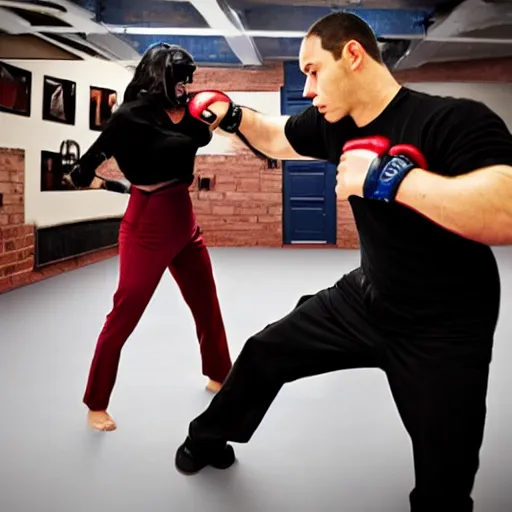 Prompt: a man and a woman in a krav maga fight