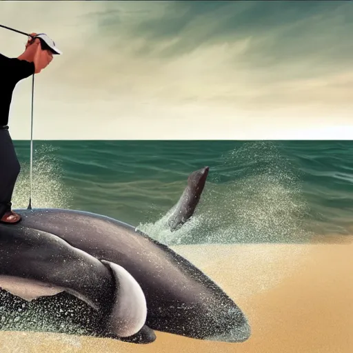 Image similar to highly detailed photo of a midget golfer standing on a beached whale. the crowd is cheering him as he lifts the trophy. highly detailed render, photorealistic, concept art, sfx