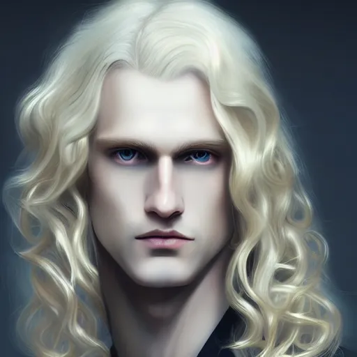 Image similar to Johan Liebert the pale blond androgynous god of the sun, highly detailed, very very very long curly golden blond hair, baroque curls, curtain bangs, central parted fringe, extremely luscious curly blond hair, very very very pale white skin, digital painting, artstation, concept art, soft light, sharp focus, illustration