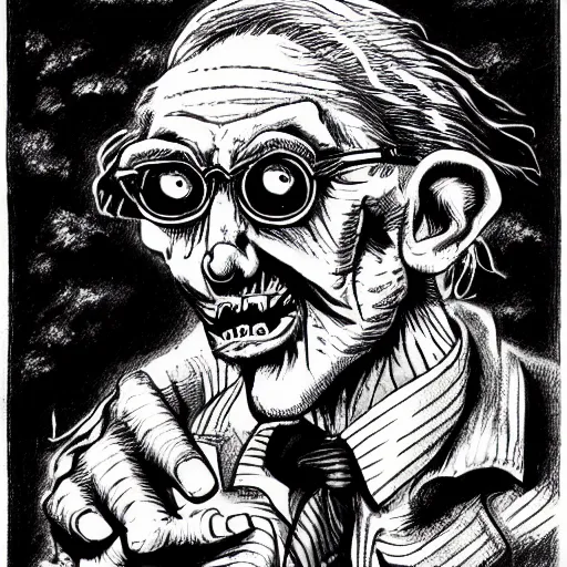 Prompt: a scary horror themed goofy-hilarious-character r-Crumb, dime-store-comic drawn with charcoal and pen and ink, half-tone-line-stacking