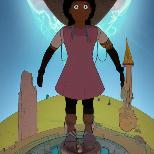 Prompt: a young mixed race explorer wearing a futuristic headpiece who is standing on top of a giant head of a statue in the style of max prentis and moebius and murton.arts, highly detailed, 8k wallpaper, adventure time colour palette