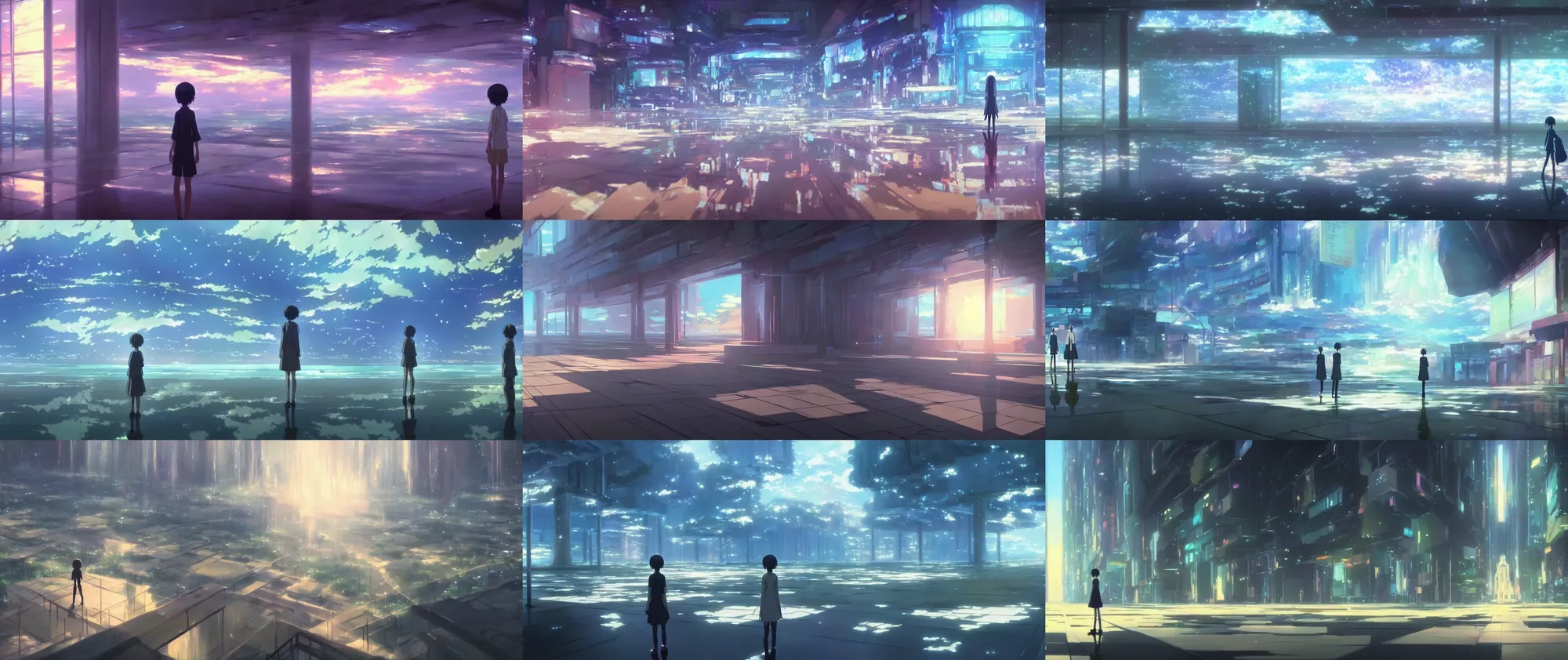 Prompt: a painting of inside hyperreality ; a beyond - dimensional fantasy world, in a screenshot from the science fiction anime film by makoto shinkai