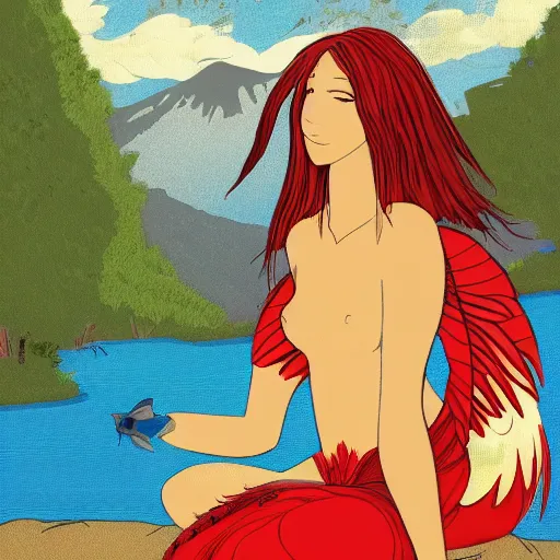 Image similar to Harpy, young woman, red feathered wings, bird legs, wearing Inka clothes, sad expression, sitting at a pond, mountainous area, trees in the background, comic style