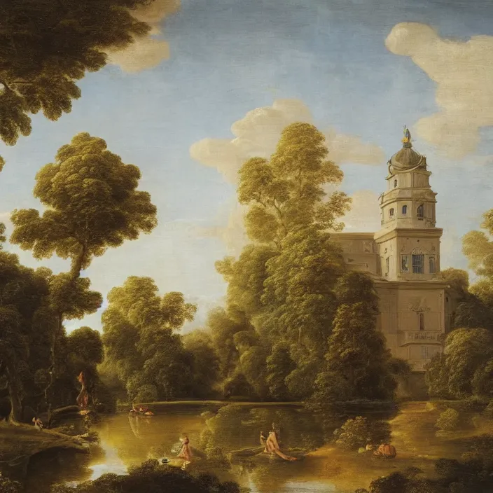 Image similar to a building in a serene landscape, rococo art