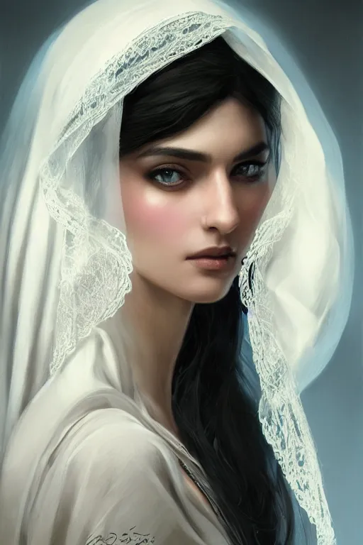 Prompt: Ameera al-Taweel, blue eyes, long wavy black hair, white veil, closeup, focus face, elegant, highly detailed, centered, digital painting, artstation, concept art by tom bagshaw