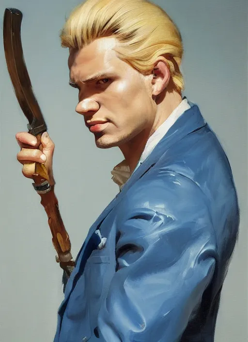 Image similar to greg manchess portrait painting of a blond man in a blue suit with a sword and a pistol, asymmetrical, profile picture, organic painting, sunny day, matte painting, bold shapes, hard edges, street art, trending on artstation, by huang guangjian, gil elvgren, ruan jia, randy vargas, greg rutkowski