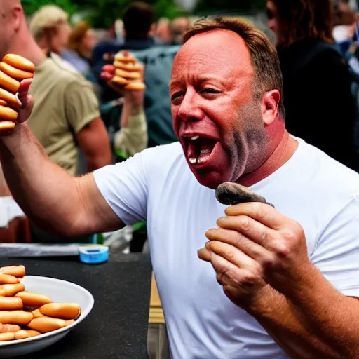 Prompt: alex jones eating hot dogs while shouting