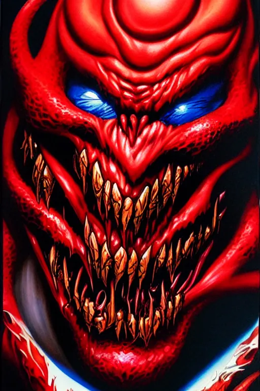 Prompt: airbrush portrait of carnage from marvel masterpieces trading cards by dimitri patelis