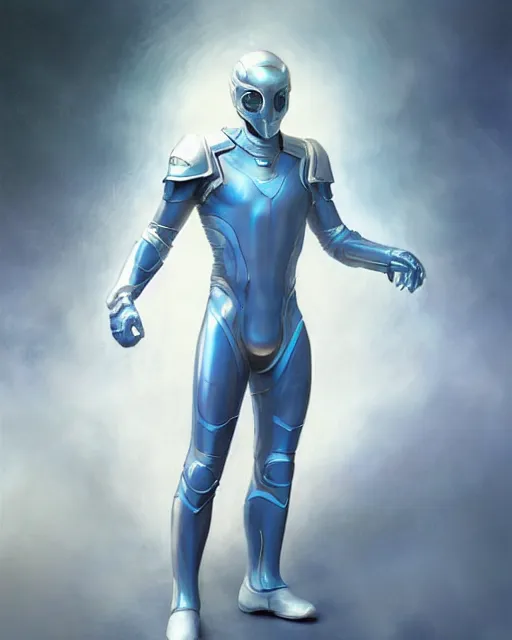 Image similar to iridescent sinewy smooth muscular male sleek glossy bluish white pearlescent scifi armor with smooth white featureless helmet, by greg rutkowski, mark brookes, jim burns, tom bagshaw, magali villeneuve, eve ventrue, trending on artstation