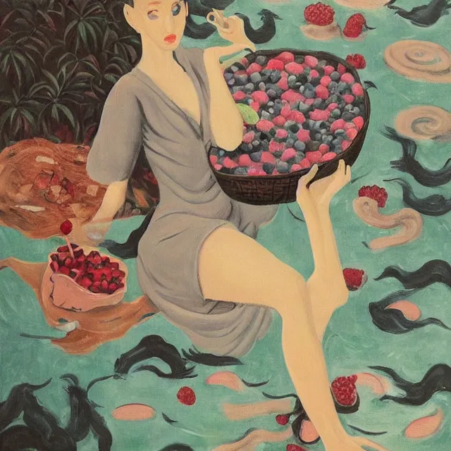 Image similar to tall female catgirl artist holding berry pancakes in her flooded apartment, pomegranates, octopus, water gushing from ceiling, painting of flood waters inside an artist's apartment, a river flooding indoors, mushrooms, ikebana, zen, rapids, waterfall, black swans, canoe, berries, acrylic on canvas, surrealist, by magritte and monet