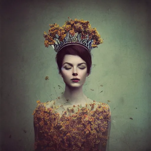 Image similar to fine art photo of the most beautiful woman, she has a crown of dried flowers, by oleg oprisco