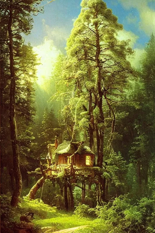 Image similar to oil painting of a fantasy treehouse by ivan shishkin and aivazovsky, highly detailed, masterpiece