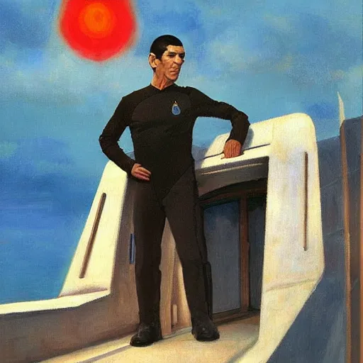 Image similar to spock ( leonard nimoy ), the vulcan officer from star trek on the bridge of the enterprise. oil painting in the style of edward hopper and ilya repin. detailed and realistic.