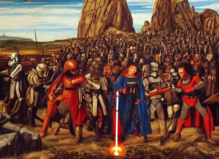 Image similar to medieval oil painting depicting star wars events, realistic, sharp, detailed