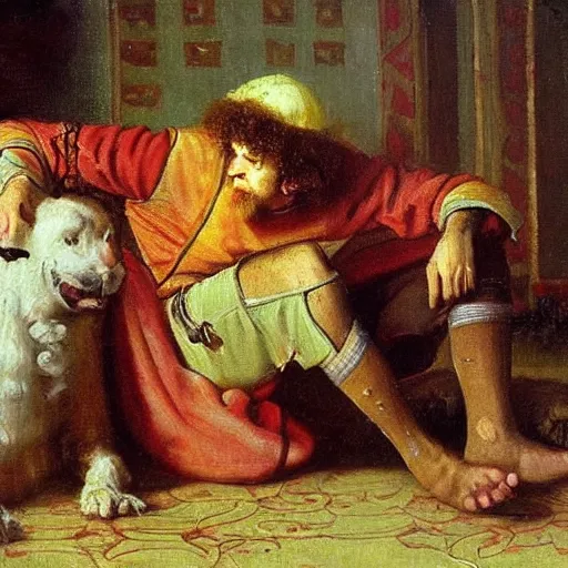 Image similar to curly haired australian greaving the loss of his toe nail in the style of ivan the terrible and his son ivan on 1 6 november 1 5 8 1 a painting by russian realist artist ilya repin