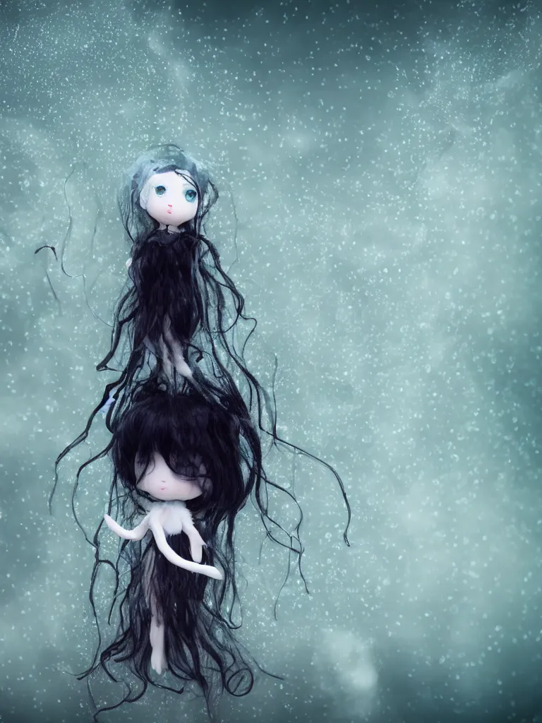 Prompt: cute fumo plush doll of an otherworldly translucent jellyfish goth maiden girl floating in the deep sea, mysterious tattered black tendrils and dress, wisps of volumetric fog and smoke, vignette, bokeh, vray