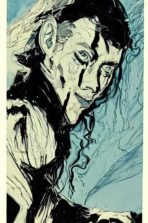 Image similar to dream from sandman comic book, illustration, art by hugo pratt, portrait, comic book cover