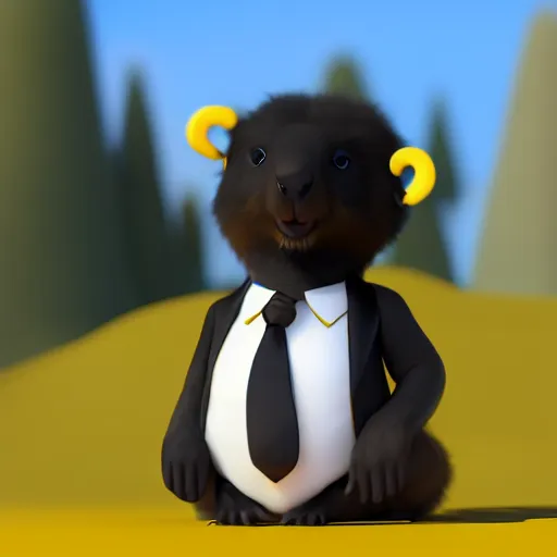 Image similar to cute anthro marmot in a black tuxedo while holding a yellow pencil in the left hand, digital art, 3 d rendered in octane, blender, maya, shadows, lighting