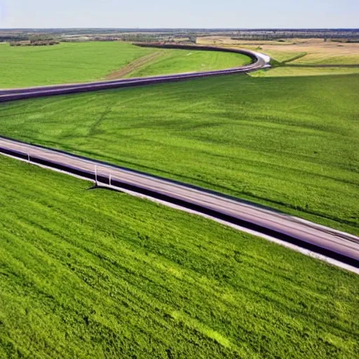 Prompt: drone footage of the large fields and an interstate highway in the countryside