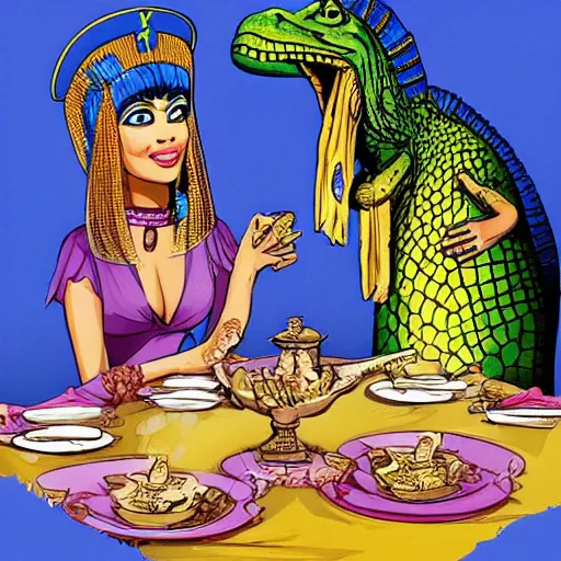 Image similar to Cleopatra and a Nile crocodile tea party, style of Hannah Barbera cartoons