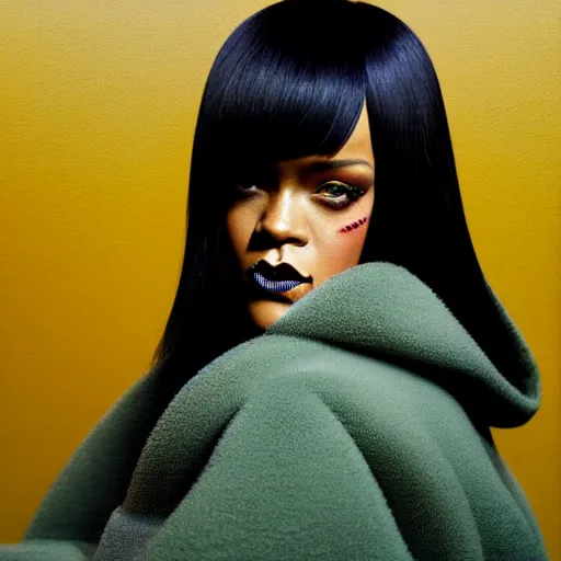 Prompt: Rihanna profile picture by Greg Rutkowski, mod green Bob wig, hooded fur coat, asymmetrical, futuristic, volumetric lights, streetwear, studio ghibli, Organic Painting , Matte Painting, geometric shapes, hard edges, trending on the artstation, fantasy LUT, realistic by Sachin Teng + Martin Grip + Moebius + Patrick Gleason, smooth, sharp focus, illustration, art by John Collier and Albert Aublet and Krenz Cushart and Artem Demura and Alphonse Mucha, techwear, Industrial Scifi, detailed illustration, character portrait,