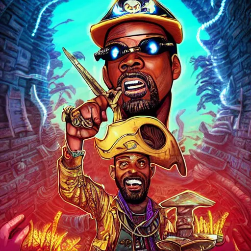 Image similar to chris rock dressed as a pirate and will smith dressed as a ninja, by dan mumford and ross tran, cosmic, terrifying, demon rays, intricate detail, cinematic, 8 k, cel shaded, unreal engine, featured on artstation, pixiv