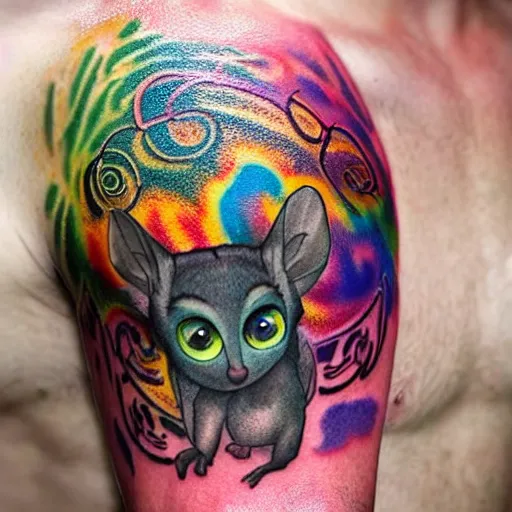 Prompt: shoulder tattoo of a multicolored trippy bushbaby with rainbow colored spiral eyes, long fur in rainbow colors, surrounded with a ring of colorful leaves and flowers, insanely integrate