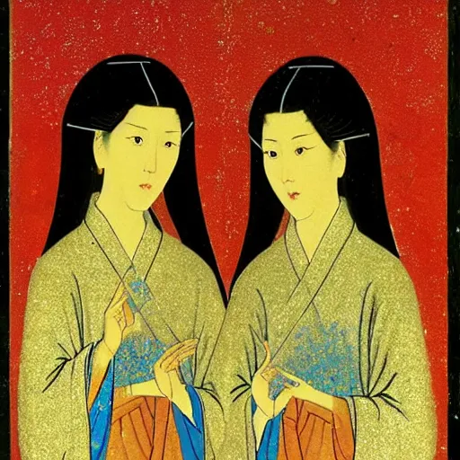 Image similar to portrait of 2 asian looking girls in iconography style andrei rublev glitter chinese ornament background