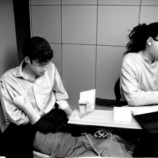 Prompt: sad geeks sitting in a dirty hotel room working on computers, 1990s photograph