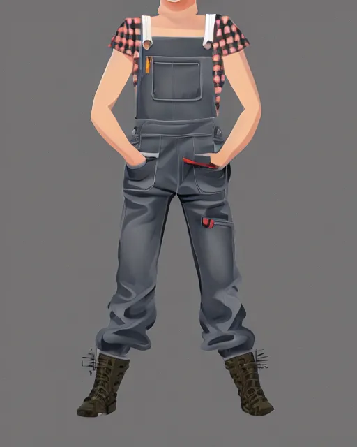 Image similar to an androgynous punk girl with short hair who is a mechanic wearing overalls, grey background, illustration, character concept design, trending on artstation