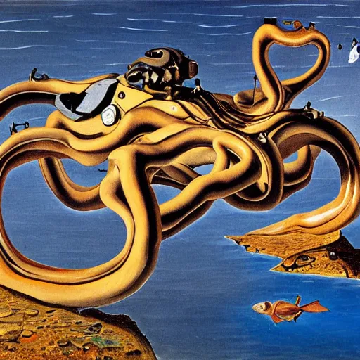 Image similar to a cybernetic Callistoctopus macropus giving a lecture in a shallow area of the Mediterranean Sea, midnight in Cap de Creus, oil painting by Salvador Dali