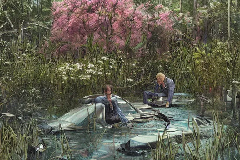 Image similar to hyperrealism, scene from louisiana swamps, starship, spring blooming flowers garden, true detective, 8 0 s japanese sci - fi books art