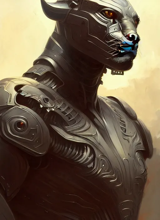 Prompt: portrait of a panther, sci - fi armour, muscular! cyberpunk, intricate, elegant, highly detailed, digital painting, artstation, concept art, sharp focus, illustration, art by artgerm and greg rutkowski and alphonse mucha