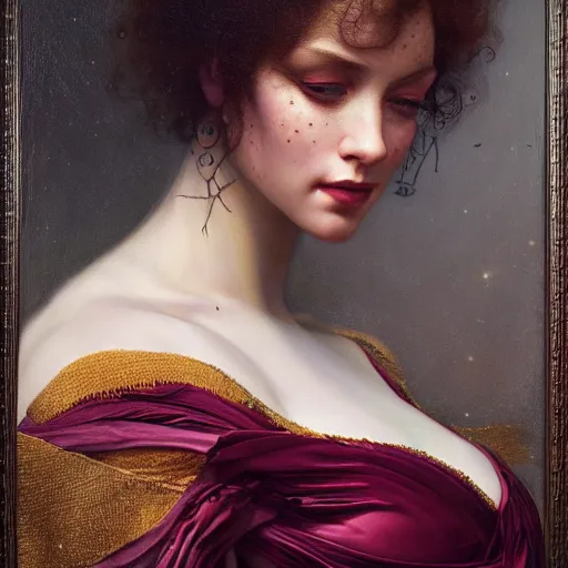 Prompt: highly detailed oil painting | very intricate | cinematic lighting | award - winning | portrait of saturnusdaughter dressed in high fashion | by roberto ferri, by tom bagshaw, by j. c. leyendecker and klimt, american romanticism, by austin osman spare, artstation, cgsociety, official art, octane