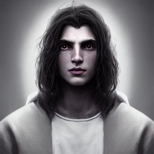 Image similar to a highly detailed Portrait of a young man with light gray long hair, purple eyes, in a black cloak, artstation, DeviantArt, professional, octane render