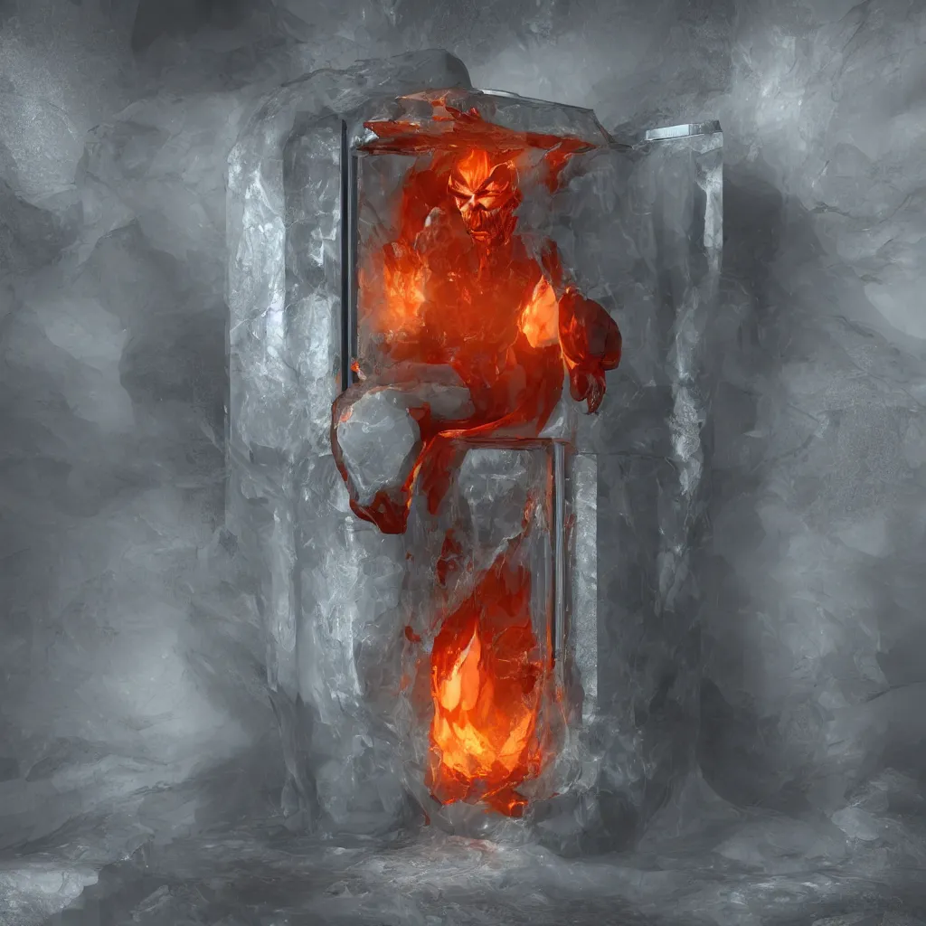 Prompt: a fire spirit chilling in a refrigerator, 3d render, ray tracing, 8k resolution, fantasy