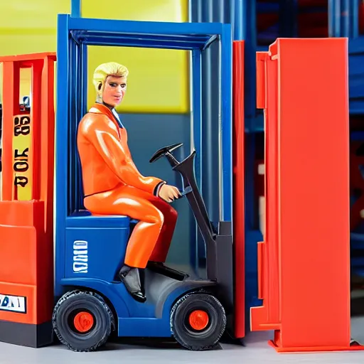 Image similar to ken doll in construction gear, driving a fork - lift, in front of a large warehouse, barbie - doll is at the car
